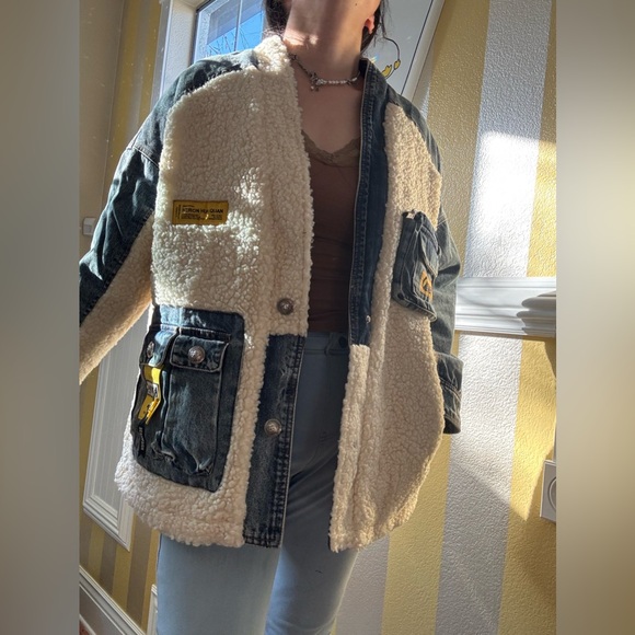 Denim and Sherpa Jacket with Yellow Accents - Picture 3 of 8